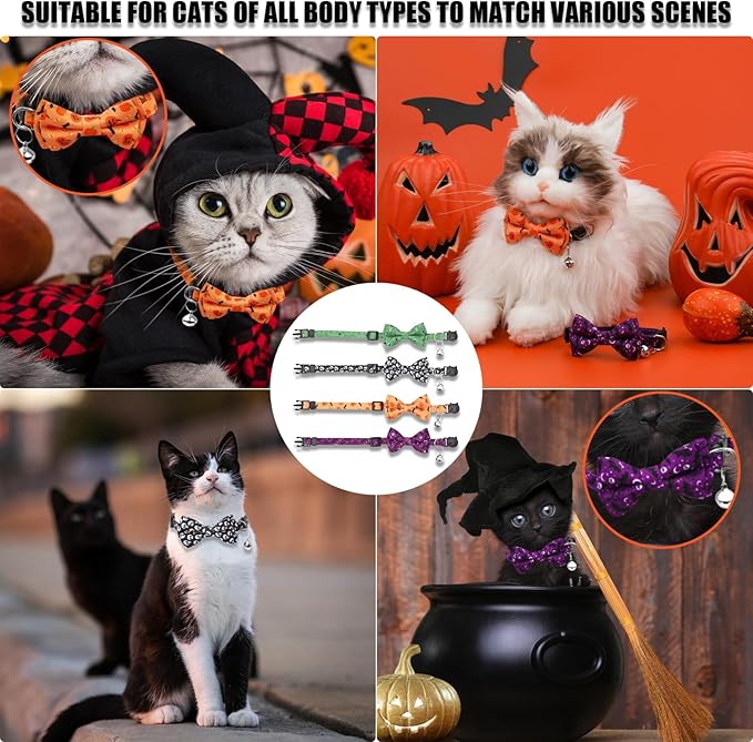 Halloween Cat Collar, Adjustable Kitten Halloween Collars with Bow Tie and Bell, Breakaway Kittens Collar for Girl Boy Cats Kittens (Black)