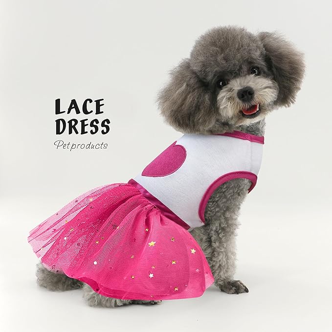 Idepet Spring Summer Pet Dog Cat Puppy Tutu Princess Dress Heart Printed Lace Dog Skirt Pet Apparel Dog Dress (Rose Red, XL)