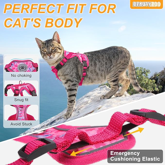 BEAUTYZOO Cat Harness and Leash for Walking, Escape Proof Soft Adjustable Vest Harnesses for Small Cats Kittens, Easy Control Breathable Reflective Strips Jacket, Rose, S