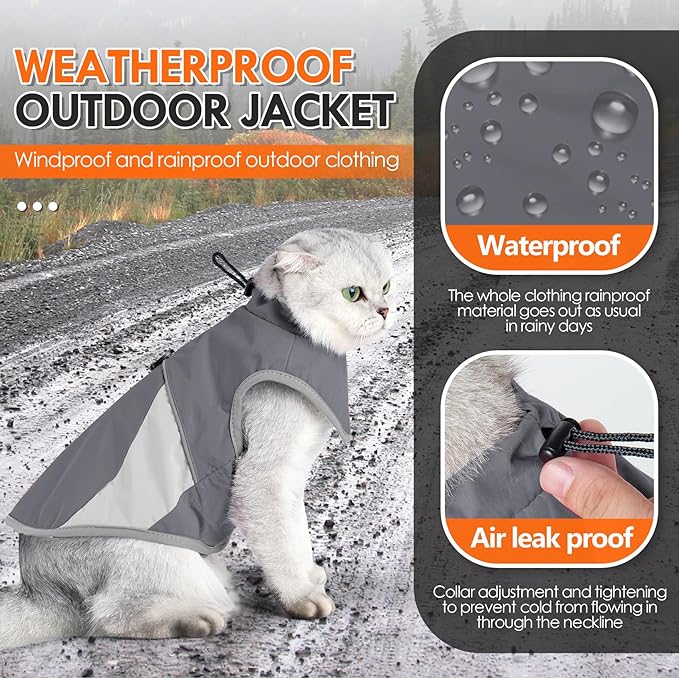 ETIAL Reflective Cat Winter Jacket, Adjustable Cold Weather Cat Clothes Outfit Apparel with Traction Buckle, Windproof Waterproof Warm Cat Vest for Walking Hiking (Grey,M)