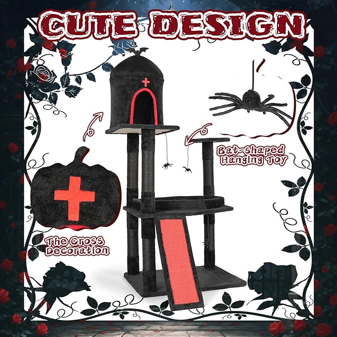 Gothic Halloween Cat Tree with Coffin Bed, 2-Level Cat Tower with Scratching Post & Spider Toys, Red Black Cat Furniture for Large Indoor Cats