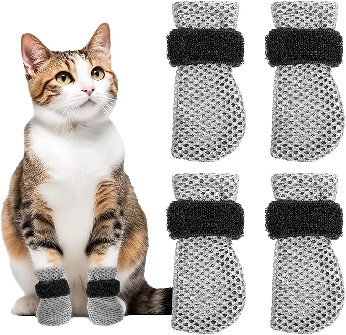 4 Pcs Cat Boots Anti Scratch Mittens Gloves Adjustable Cat Claw Protectors Foot Covers Mesh Breathable Cats Shoes to Prevent Scratching for Pet Bathing Feeding Cutting Nail Trimming