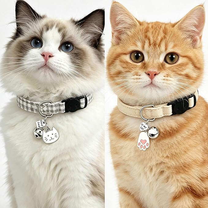 2 Pack Cotton Breakaway Cat Collars with Bell and Charms Beige Solid Plaid Safety Collars for Girl Boy Cats, Cat Head and Paw Pendant Cute Kitten Collars