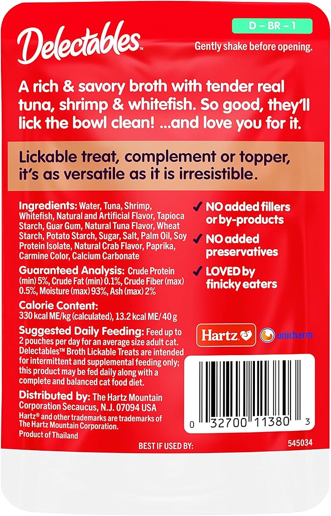 Delectables Lickable Treat Savory Broth Wet Cat Treat with Real Tuna & Shrimp, Food Topper, Hydrating, Grain-Free, No Fillers, No By-Products, No Added Preservatives, 1.4oz Pouch, 12ct