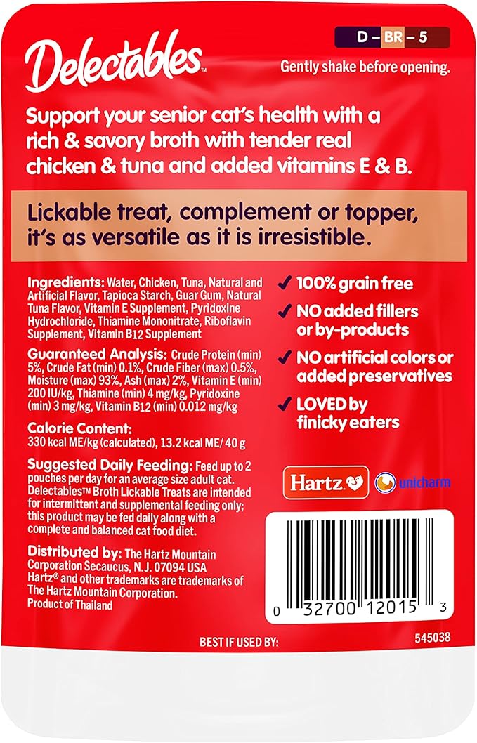 Delectables Lickable Treat Savory Broth Senior 10+ Wet Cat Treats with Real Chicken & Tuna, Food Topper, Hydrating, Grain-Free, No Fillers, No By-Product, No Added Preservatives, 1.4oz Pouch, 12ct