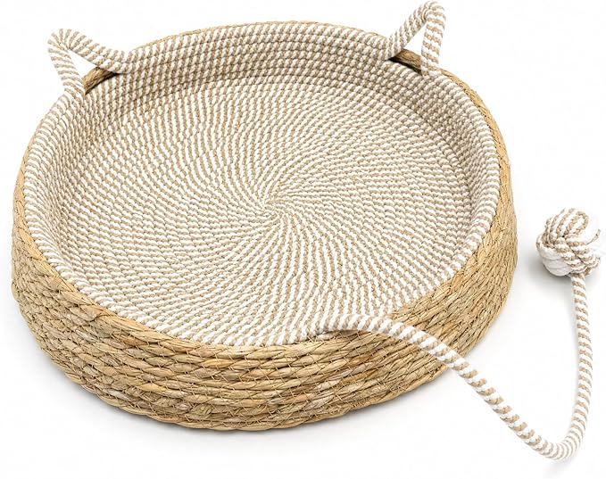 Handwoven Cat Basket Basket with Cotton Rope Liner Cat Ear Design Round Cat Scratcher Bed with Interactive Toy Ball Breathable All Season Scratch-Resistant Woven Cat Bed for Indoor Cats All Breeds