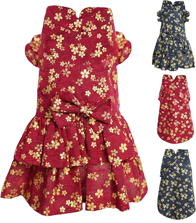 MAMORE Dog Shirts Dress, Elegant Embroidery Couple Dog Clothes for Girl Boy Small Medium Dogs Puppy Cats Set (Red Dress, X-Small)