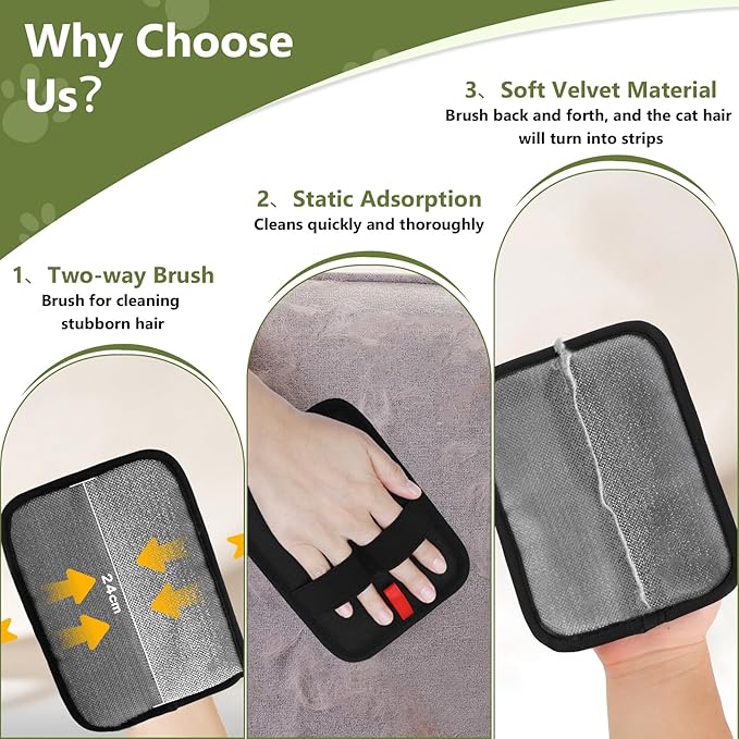 VINGVO Double Sided Pet Grooming Gloves for Cats and Dogs, Pet Hair Removal Gloves for Carpet Couch Clothing Furniture, Washable Reusable Cat Grooming Tool with Soft Velvet Mesh Fabric