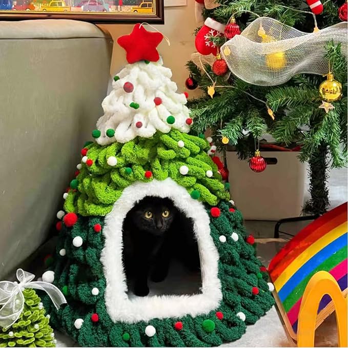 DIY Christmas Tree Cat Bed Set, Christmas Pet Tree House Package, DIY Felt Xmas Cave, Indoor Kittens Felt Nest Cats Hideaway, Teepee Furniture Decorations for Family & Friends (B, Under 12lb)
