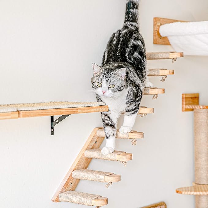 FUKUMARU Cat Climbing Shelf Wall Mounted, Four Step Cat Stairway with Jute Scratching for Kitten Perch Platform Walls Furniture