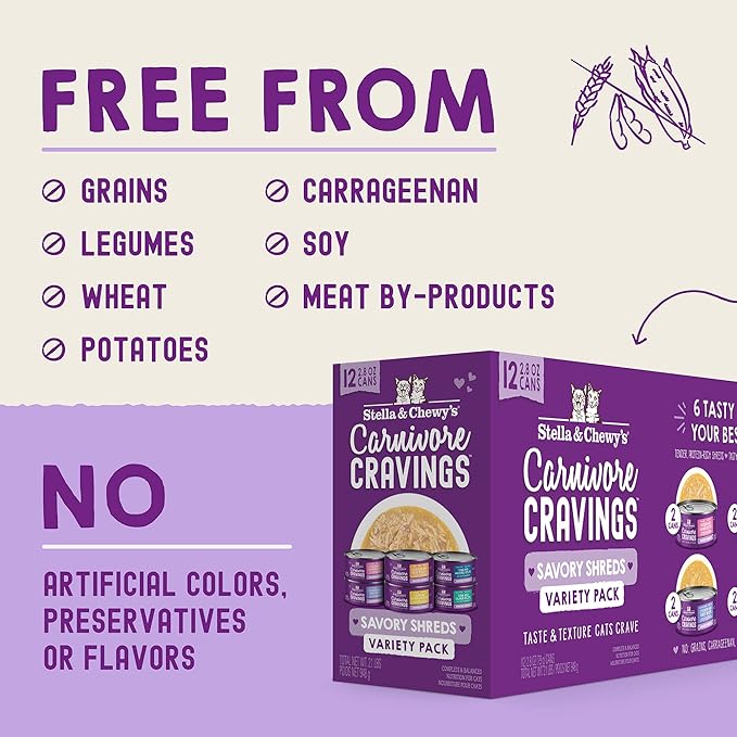 Stella & Chewy's Carnivore Cravings Savory Shreds - Wet Cat Food - High-Moisture Formula with Premium Real Meat - Perfect for Picky Eaters - Variety Pack, 2.8 oz, 24 Count