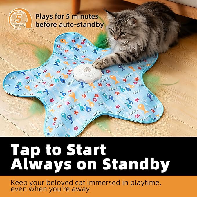 Interactive Cat Toy, Peek-a-Boo Series – Hidden Feather Wand, Rechargeable Indoor Hunting Toy, Squeaky Bird Sound, and Small Fish Pattern Cover