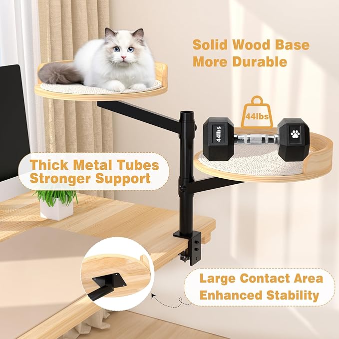 Cat Desk Bed for Indoor, 15.75" Double Cat Beds for Desk with Mats, 360° Rotating & Height Adjustable, Each Supports up to 22kg/48.5 lb, Modern Furniture for Office Desks and Gaming Tables