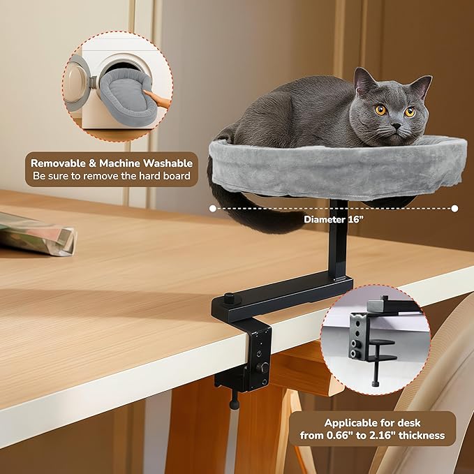 Up to 45LBS Cat Desk Bed - 360° Rotation & Adjustable Height, Pet Perch for Desks with Washable Cushion, Desk Cat Bed Attachment for Various Tables, Gray Cushion