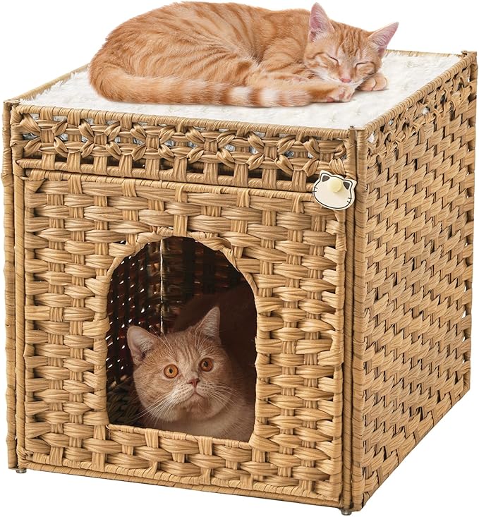 SETVSON Cat Beds for Indoor Cats Extra Large Double Cat Cave Pet Cube, Handwoven Rattan Cat Houses with Double-Sided Soft Cushions, 18.5 x 20.5 x 19.1 Inches Foldable Hideaway in Living Room Natural