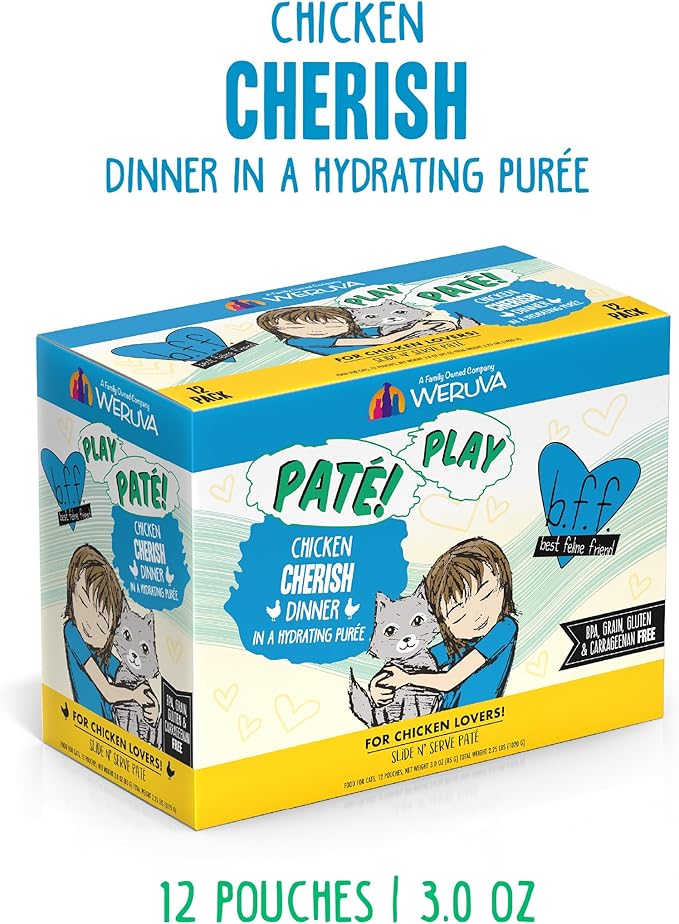 B.F.F. PLAY - Best Feline Friend Paté Lovers, Aw Yeah!, Chicken Cherish with Chicken, 3oz Pouch (Pack of 12)