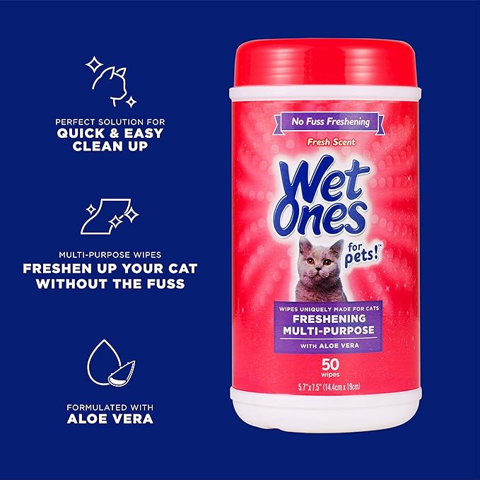 Wet Ones for Cats Freshening Wipes, Multi-Purpose Cat Grooming Wipes with Aloe Vera, Helps Remove Dirt, Odor, and Dander Between Baths, Fresh Scent, 50 Count