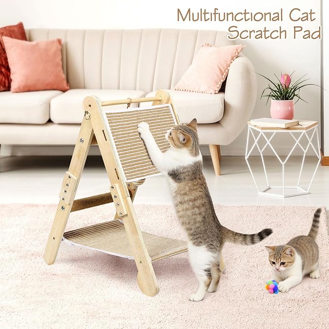 4 In1 Cat Scratching Post Triangular Cat Scratcher for Indoor Cats Kittens, Vertical Cat Scratch Board with Jute Cat Bed, Climbing Ramp and Hanging Ball Toy, Foldable Interactive Scratchers