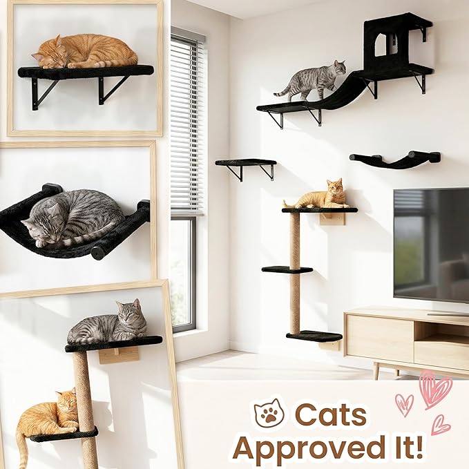 Wall Mounted Cat Furniture Set of 4 – 4 in 1 Cat Wall Shelves with Hammock, Bridge, Climbing Tree & Perch – Shelves for Large Cats, Holds Up to 30 lbs, Indoor Playground