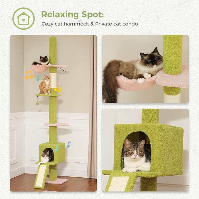 PETEPELA Floor to Ceiling Cat Tree, Cat Tower 5 Tiers Tall (83-108 Inches) Adjustable Height, Climbing Tree Featuring with Spacious Condo, Scratching Post and Perches for Indoor Cats, Pink