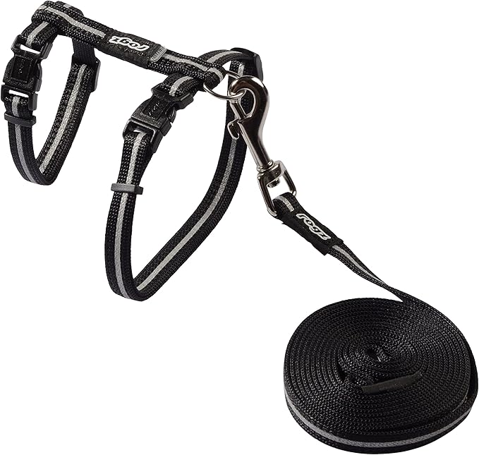 Rogz Reflective Nylon Cat Leash and Harness Combination Set, escape proof for walking and fully adjustable to fit most breeds, Black