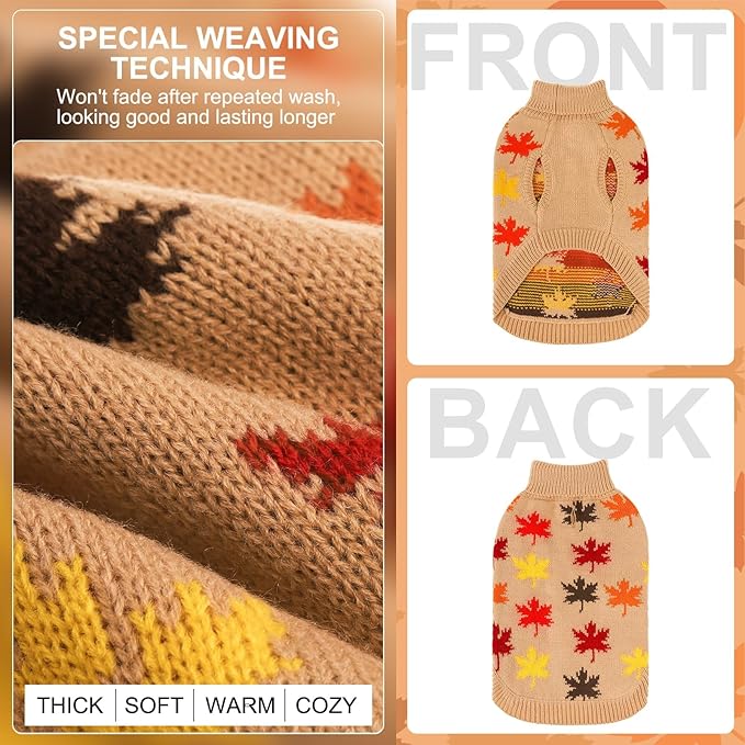 BEAUTYZOO Fall Sweater - Small Dog & Puppy Turtleneck Knitwear for Girls & Boys, Maple Leaf Cable Knit Pullover Outfit, Cat Apparel (Khaki, XXS)