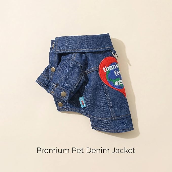 Denim Dog & Cat Jacket with Reinforced D-Ring – Embroidered Heart “Thank You for Existing” Patch, Jean Pet Clothes for Small Dogs & Cats(S)