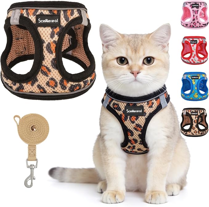 SCENEREAL Cat Harness & Leash Set Escape Proof - Adjustable Air Mesh Vest with Reflective Strips for Kittens, Puppies, Rabbits, Khaki Leopard S