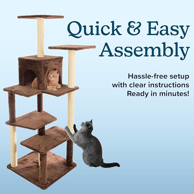 64 Inch Tall Cat Tree Tower - Cat Tower with Kitten Condo, Climbing Perches, and 5 Jute Rope Scratching Posts - Multi-Level Kitten Tree and Climbing Activity Furniture by PETMAKER (Brown)