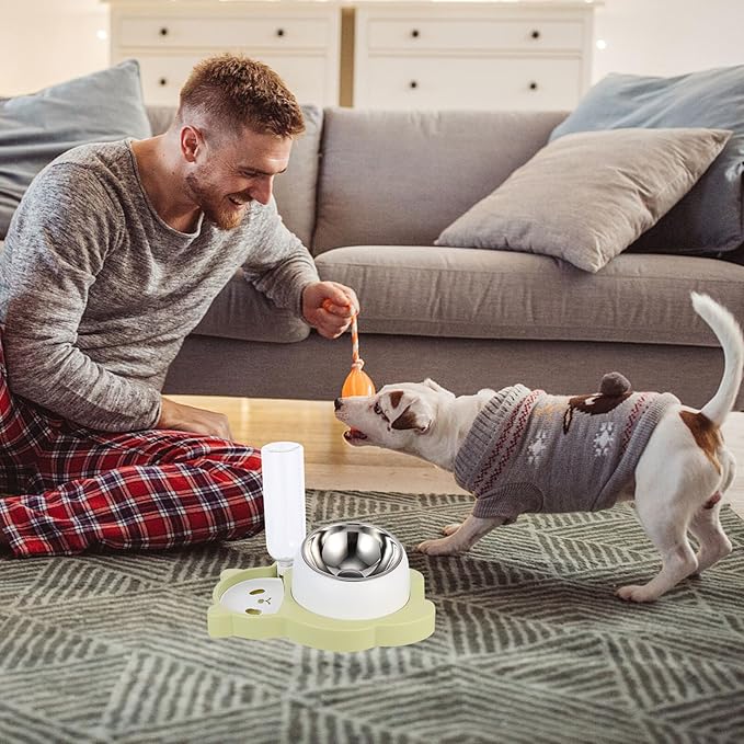 Kisangel Pet Cage Food Dispenser and Multi-Function Cat Food Bowl with Stainless Steel Non-Slip Base, Fresh Green, Suitable for Cats and Dogs Feeding and Watering