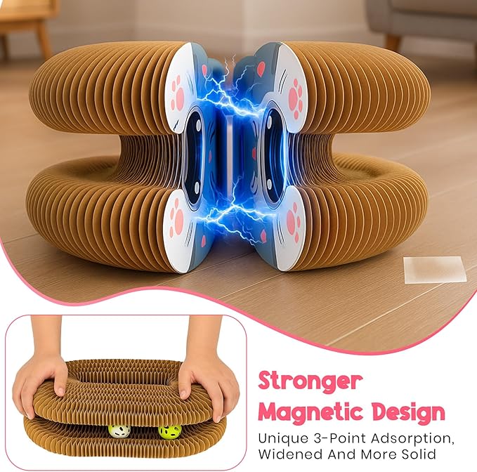 Kitty Curls Cat Toy (Large) Twisty Paws Kurlz | Magnetic Magic Organ Cat Scratcher | Interactive Cardboard with Bell Ball & Hanging Teaser | Honeycomb Design | 1 pcs Teaser 1 pcs Scratcher