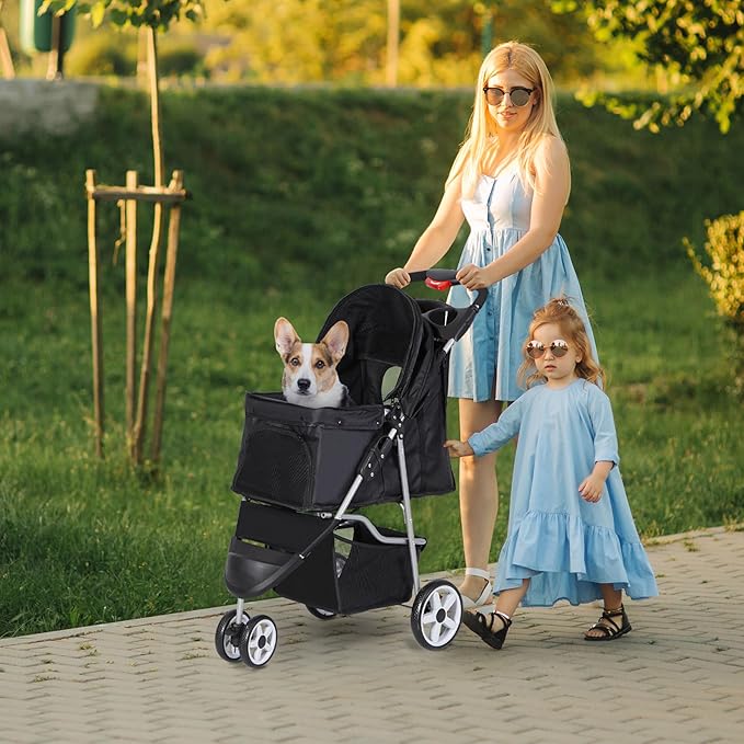 JungleA Foldable Pet Stroller for Cats Dogs,3 Wheel Pet Cage Jogger Cart for Small to Medium Pets,Lightweight & Portable & Durable Pet Stroller with Weather Cover, Storage Basket and Cup Holder