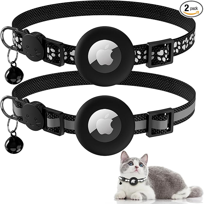 Vanjua 2 Pack Airtag Cat Collar Breakaway with Bell, Reflective Kitten Collar with Air Tag Cat Collar Holder Case for Girl Boy Cats, Pet Supplies Accessories (Black A+Black B)