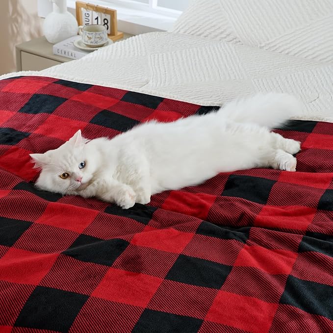 Qeils Dog Blankets for Large Dogs, Waterproof Dog Blanket Washable, Soft Sherpa Fleece Puppy Blanket for Kitten Doggy, Warm Cat Blankets for Indoor Cats, 50"X60", Red Christmas Checker