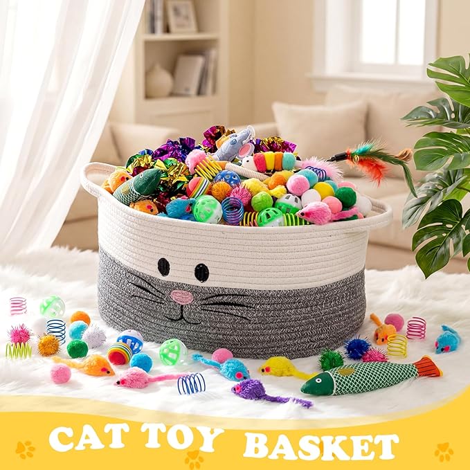 Leitee 100 Pcs Cat Storage Basket Gift Toys Set Cute Cotton Rope Basket, Fish Plush Mice Pet Bell Colorful Crinkle Balls Spring Toys Attract Cat to Swat, Hunt, Interactive for Pet(Basic,Grey,White)
