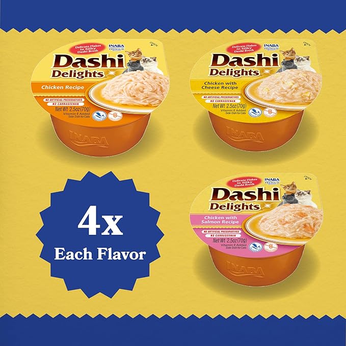 INABA Dashi Delights for Cats, Shredded Chicken Side Dish with Bonito Flake Broth, Cat Food Complement with Taurine & Green Tea Extract, 2.5 Ounce Cup, 12 Cups Total, Chicken Variety