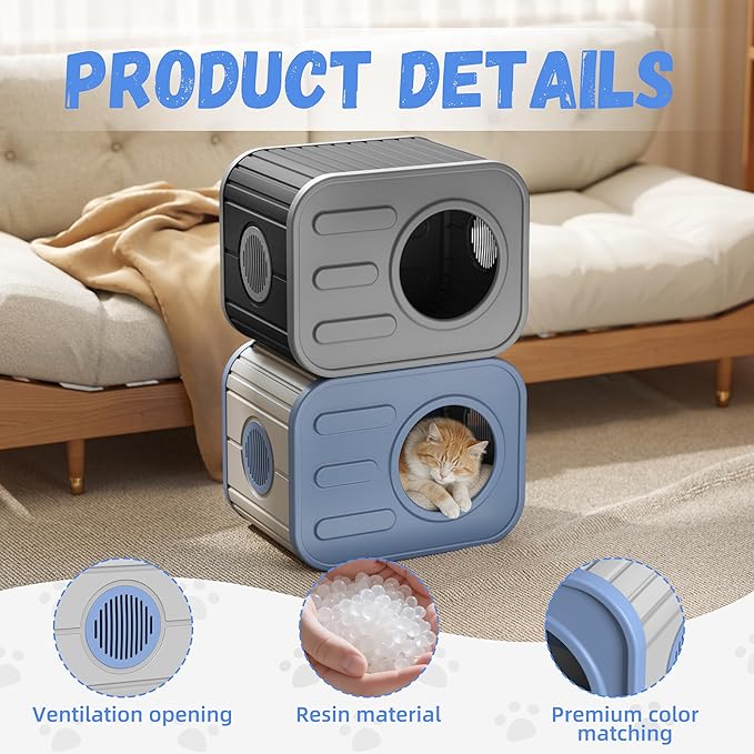 Double Outdoor Cat House Stack Design, Cat Houses for Outdoor Cats Camera Appearance Ventilated Spacious Stackable with Large Door for Several Feral Cats Outside Cat Shelter for Large Pet (Blue)
