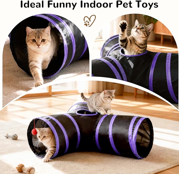 Tempcore Cat Tunnel for Indoor Cats, 3-Way Collapsible Play Tunnel with Teaser Wand, Peek Holes & Toy Ball, Small Pet Toy for Kittens & Rabbits, Black & Purple