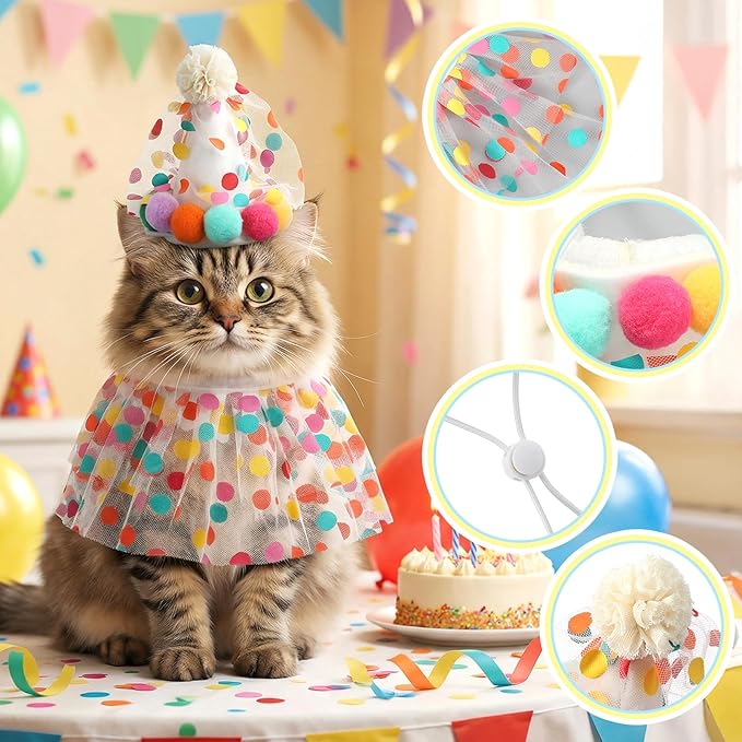 Tyqour Cat Birthday Hat and Bandana Scarf, Cute Cat Party Hat, Cat Birthday Decorations for Cat Happy Birthday and Cat 1st Birthday Outfits