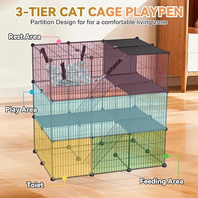 VISCOO Cat Cage, 3-Tier DIY Cat Enclosures Catio, Cat Playpen Indoor & Outdoor with Hammock, Detachable Metal Wire Kennel Cats Crate, 2x3x3 Exercise Place for 1-3 Cats/Kitten
