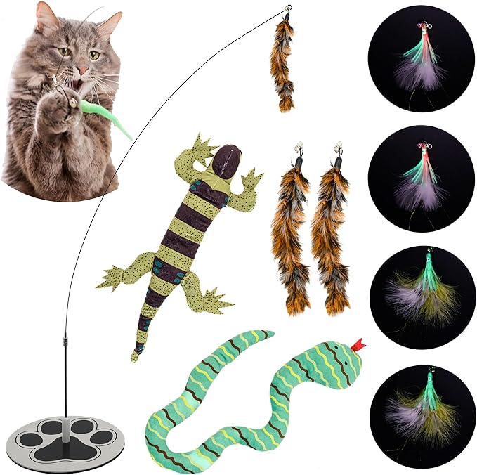 Interactive Cat Toys for Indoor Cats - Glow in Dark Octopus - XL Snake And Lizard Chew Toy - Round Base Teaser Wand - Bored Adult Feline Hunting Enrichment - Self Play Kitten Juguetes para Gatos
