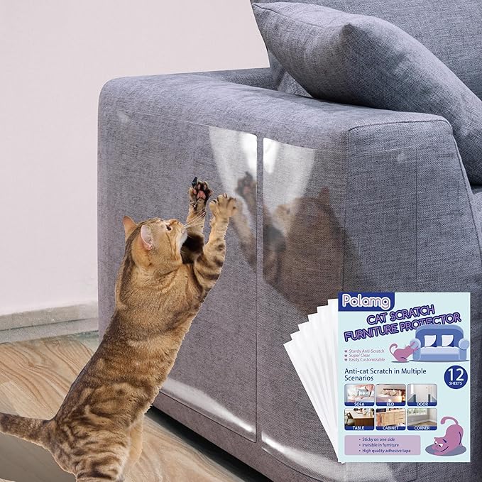 Anti-Cat Scratch Furniture Protector-12-Pack –Single-Sided, Heavy-Duty Self-Adhesive Tape, No-Residue for Couch, Doors & Walls - NO PINS