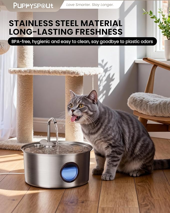 Cat Water Fountain Stainless Steel - 108oz/3.2L Automatic Cat Water Fountain for Drinking with 3PCS Filters, Metal Pet Water Fountain Water Dispenser for Cats, Puppy, Multiple Pets