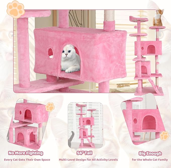 Cat Tree Tower 54" Tall - Indoor Cat Tree with Sisal-Covered Scratching Posts, Cozy Condo, Hammock, Dangling Toy & Expanded Perch Platform - Cat House Furniture for Large Cats - Pink