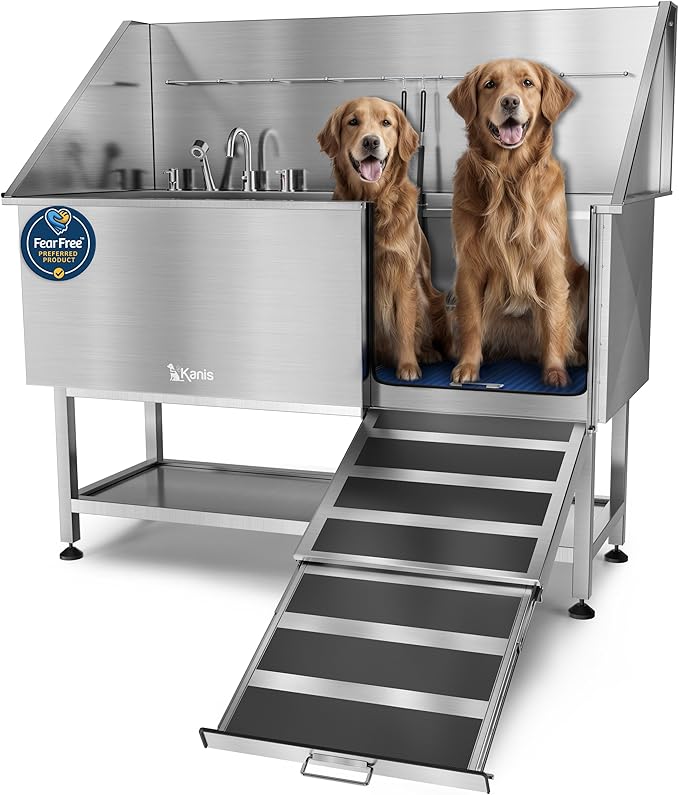 KANIS Professional Dog Washing Station 304 Stainless Steel Pet Wash Sink & Grooming Bathtub w/Shower, Floor Grates and Storage for Large, Medium & Small Pets (Silver, 61 Inches, Right Ramp, Shelf)