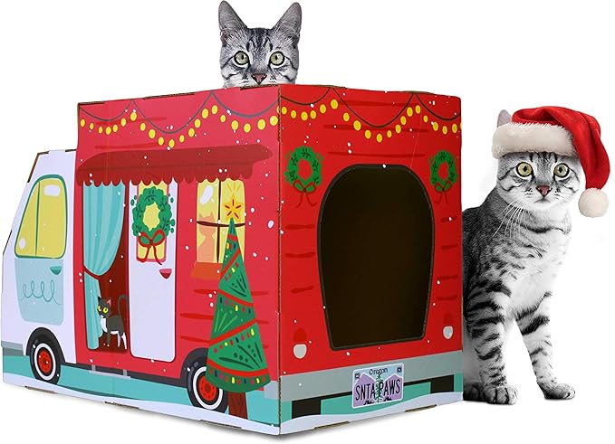 American Cat Club Christmas Cat House & Cat Scratcher w/Bonus Catnip Included