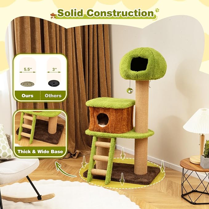 PETSITE 56-inch Forest-Themed Cat Tree, Multi-Level Cat Tower with 2 Cute Condos, Climbing Ladder, Teasing Ball, Sisal Posts, and Removable Cushion, Modern Cute Cat Tree for Indoor Cats