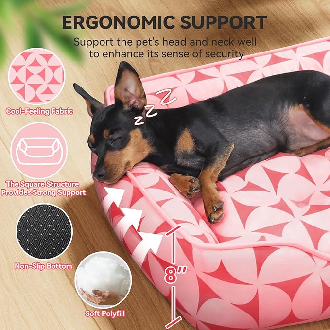 Zerbuger Rectangle Cat Dog Bed for Large Medium Small Pets Indoor Outdoor Machine Washable Sleeping Sofa Non-Slip Bottom Soft Puppy Bed Durable Orthopedic Calming Pet Cuddler (Medium, Pink Pattern)