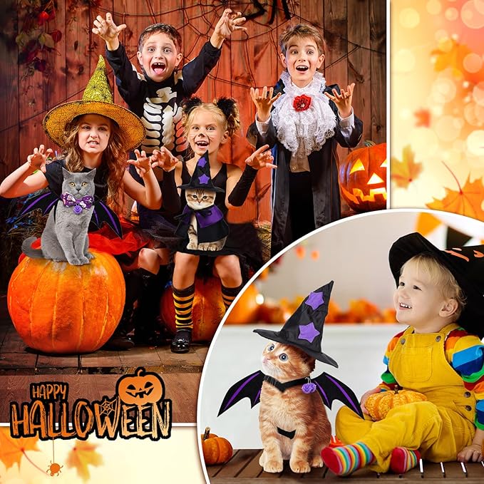 6 Pcs Cat Halloween Costume Set - Wizard Clothes, Cloak, Wings, Adjustable Hats, Bow Ties, Neckties, and Ornament Bells