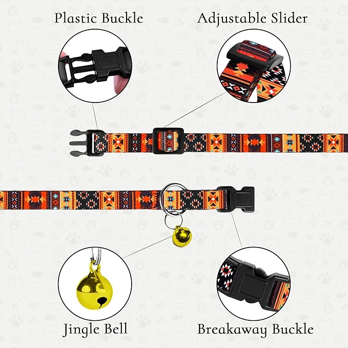 2 Pack Cat Collars with Bell - Breakaway Soft Collar for Girl & Boy Cats, Adjustable Safety Cute Kitten Collars – Comfortable Stylish Patterned Print Design Lightweight (Tribal + Leopard)